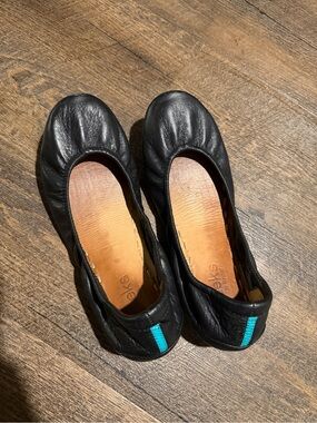 Tieks Black Leather Ballet Flats with Teal Heel Tab